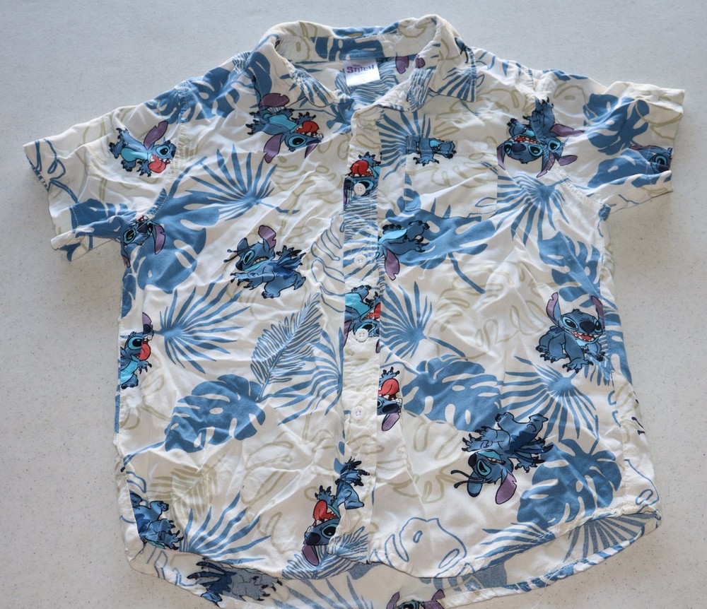 Disney Stitch Boys Size M (8) Cotton Button-Up Shirt Short Sleeve Graphic