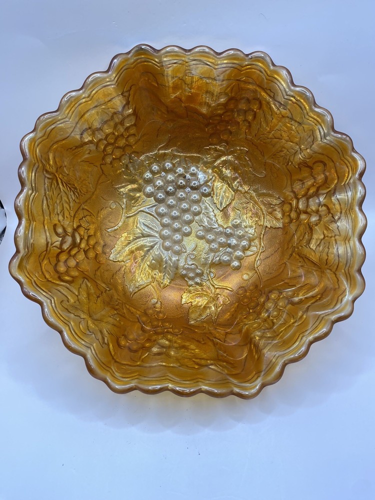 Vintage Carnival Glass Amber/Marigold Bowl Ruffled Rim Grapes