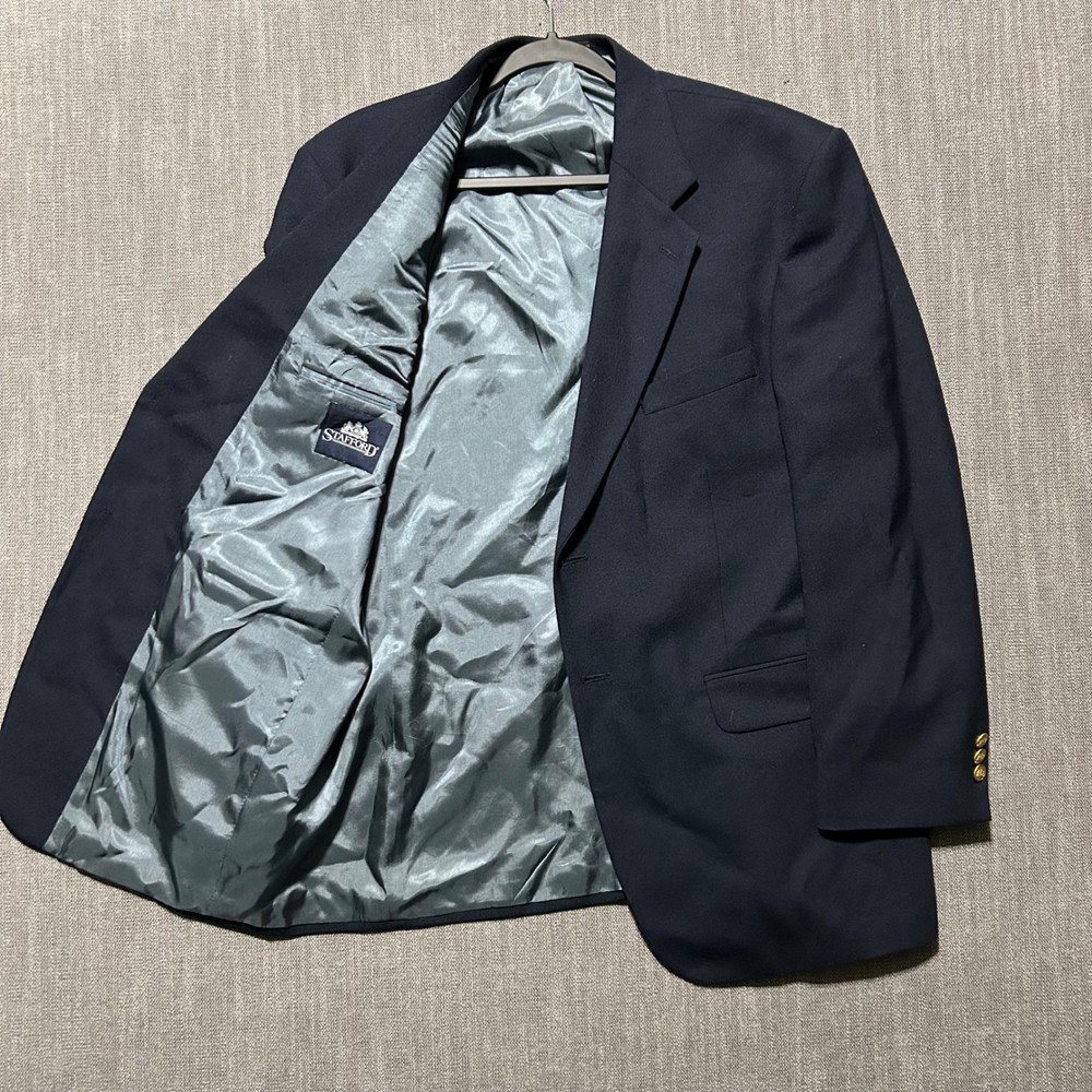 Stafford Mens Navy Blue Worsted Wool Blend Two Button Blazer Sport Coat 43R