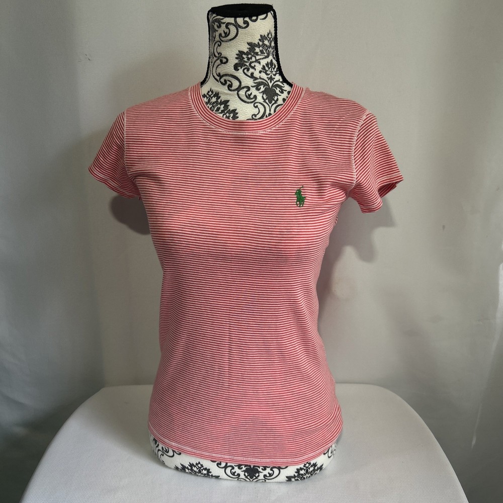 Polo Ralph Lauren T-Shirt Women’s Sz M Orange White Striped Crewneck Cap Sleeve