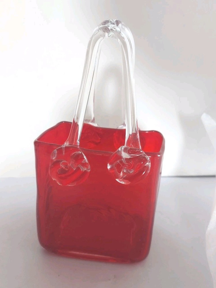 MURANO STYLE  Hand Blown Art Bubble Glass Purse Hand Bag Vase Red