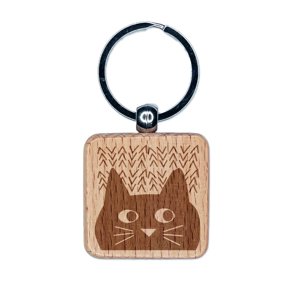 Mischievous Cat Wooden Keychain Charm with Engraved Design