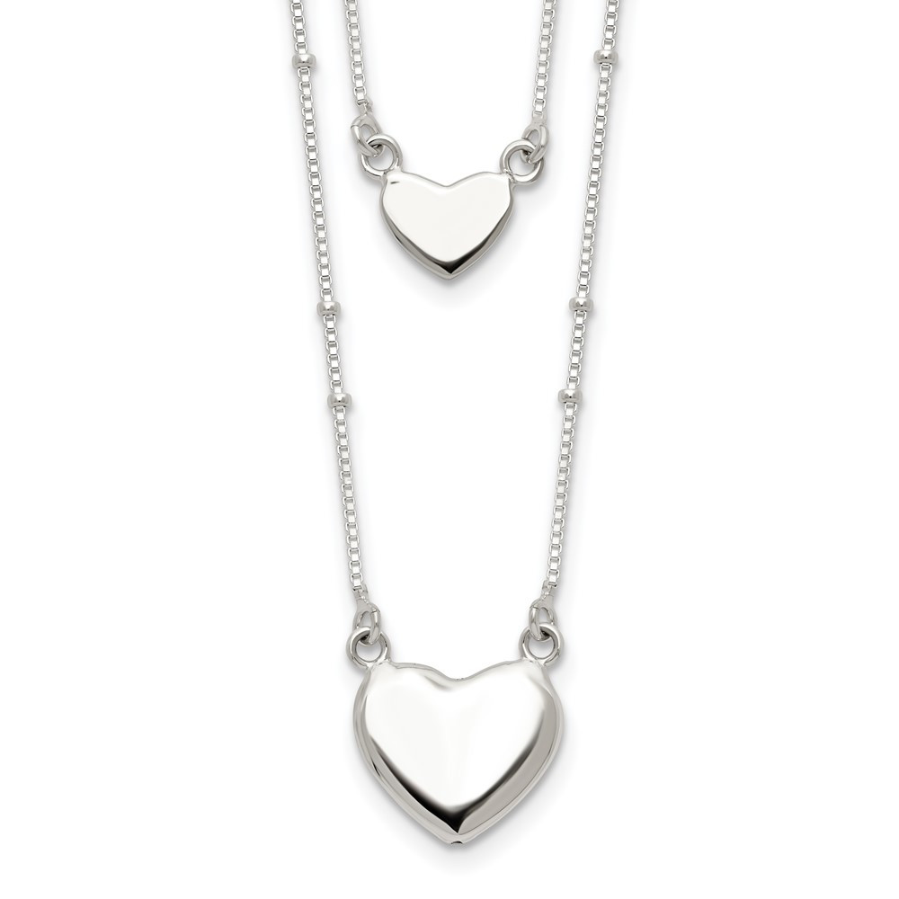 Sterling Silver Polished 2-Strand Heart Dangle Pendant Necklace 18