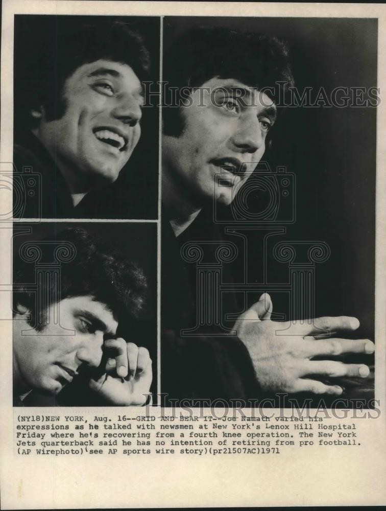 1971 Press Photo Joe Namath's varied expressions as he talks with newsmen