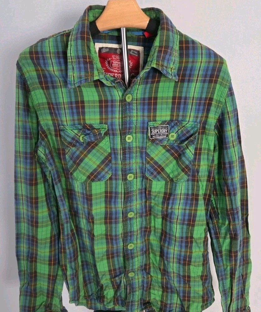 Superdry Plaid Button Down Shirt Women’s Size Small Green Blue Flannel Cotton
