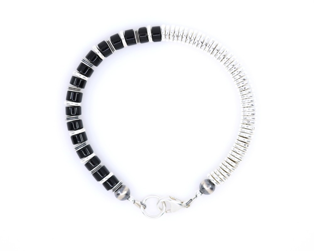 Black Onyx Sterling Silver Heishi Bracelet | 6mm Gemstone Beads | Sophisticated