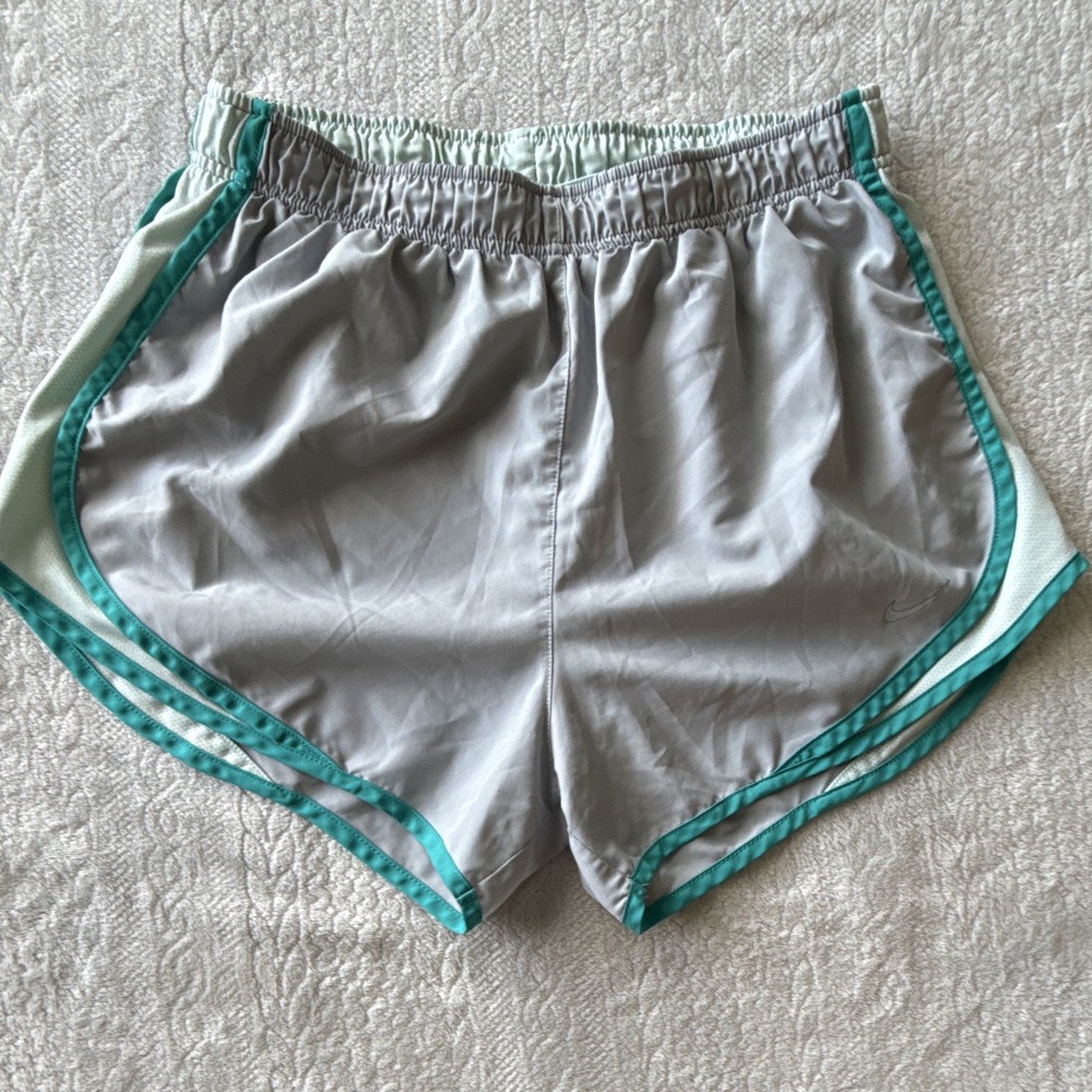 Women’s Gray Athletic Running Shorts Green/White Trim Drawstring Size S