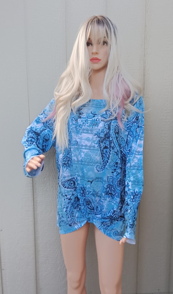 NEW Women's Blue Floral Print Top Shirt Blouse Long Sleeve Plus Size 3XL (22)