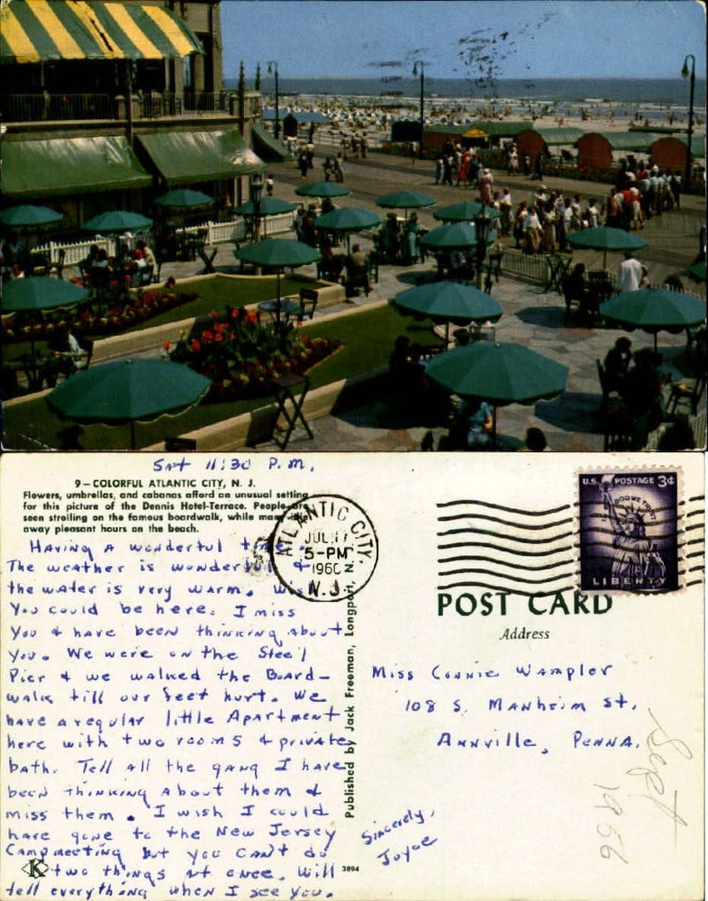 Atlantic City New Jersey NJ Dennis Hotel Terrace striped awnings mailed 1960