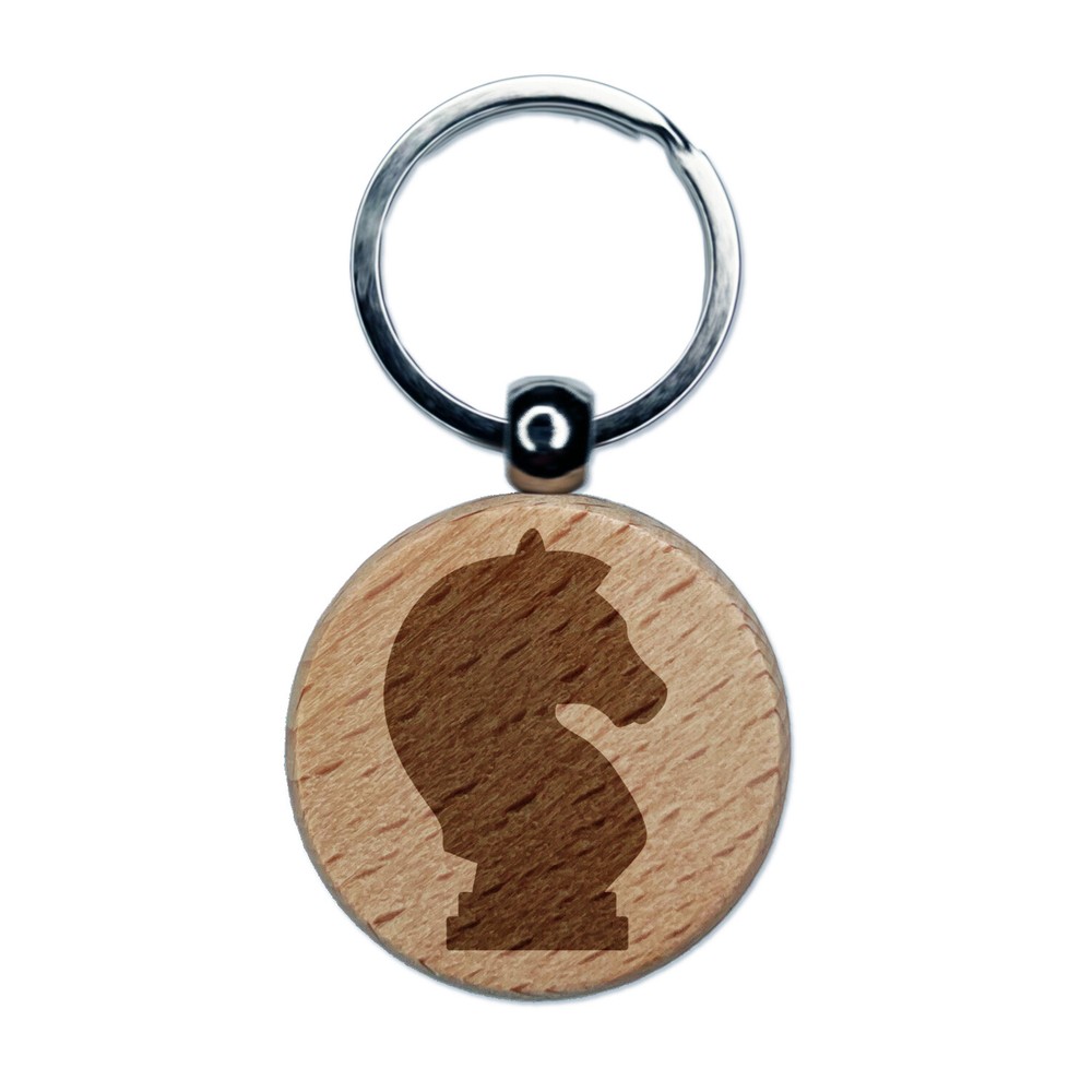 Chess Knight Piece Engraved Wood Round Keychain Tag Charm