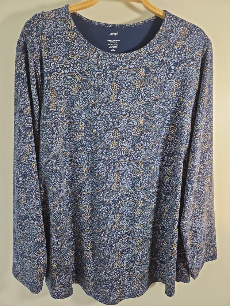 Pure Jill Long Sleeve Shirttail Tee Pima Cotton Top Size XL Blue Gold Floral