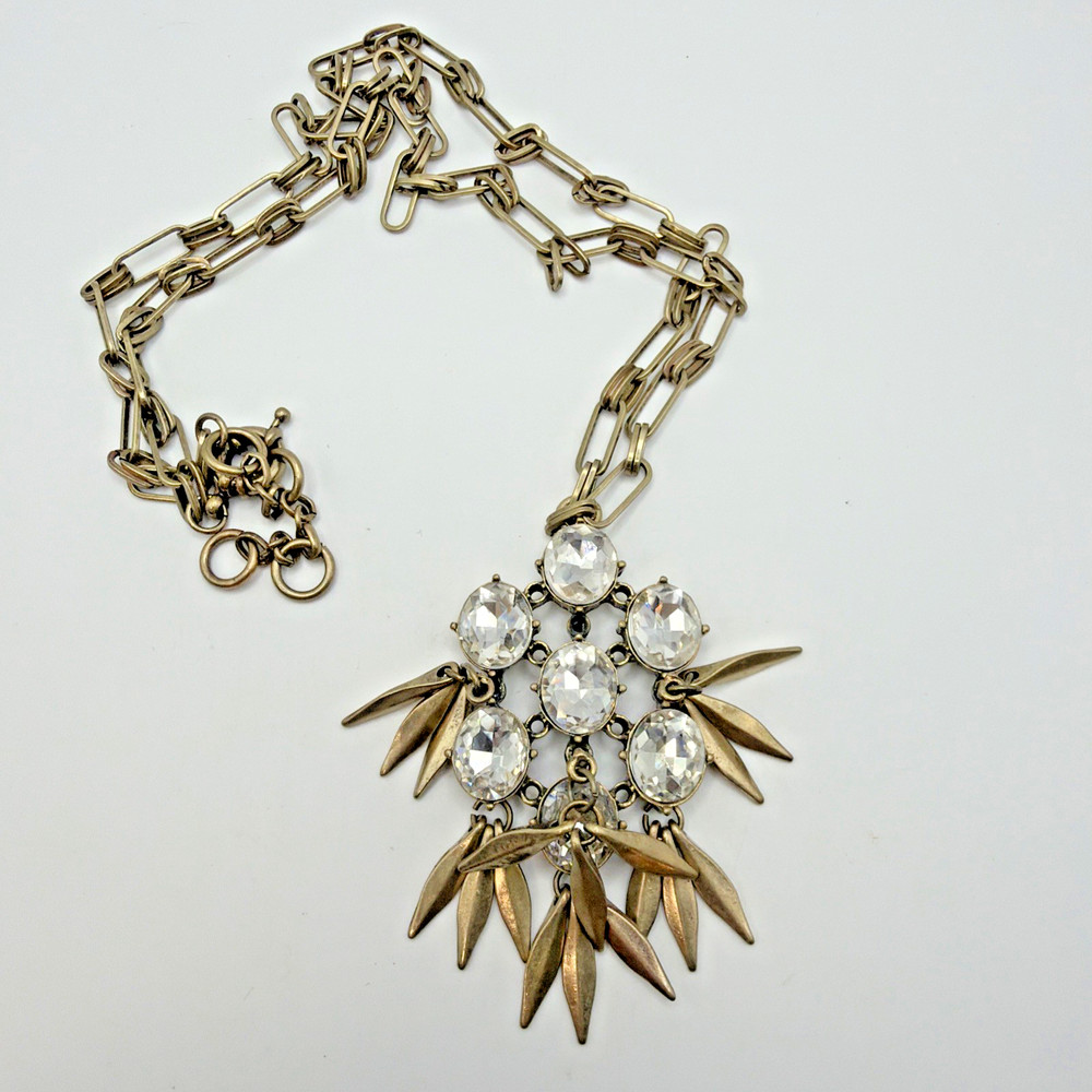 Vintage Gold Toned Statement Pendant Drop Necklace Rhinestones Metallic Leafs