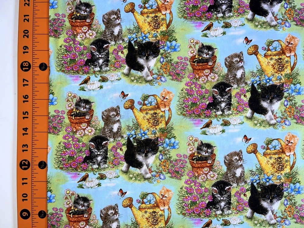 Animal Fabric | Kitty's Garden Cat Flower Scene Blue | Robert Kaufman YARD