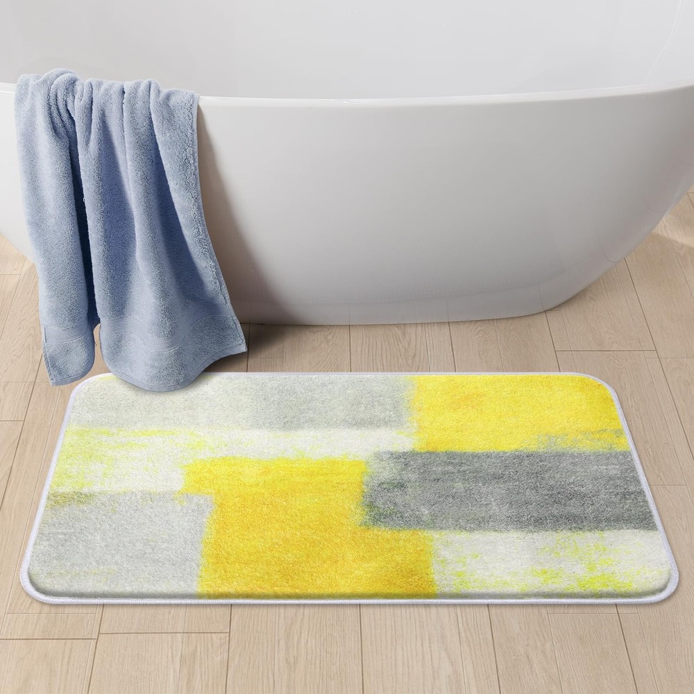Abstract Yellow Grey Non-Slip Microfiber Bath Mat Soft Plush Carpet-image
