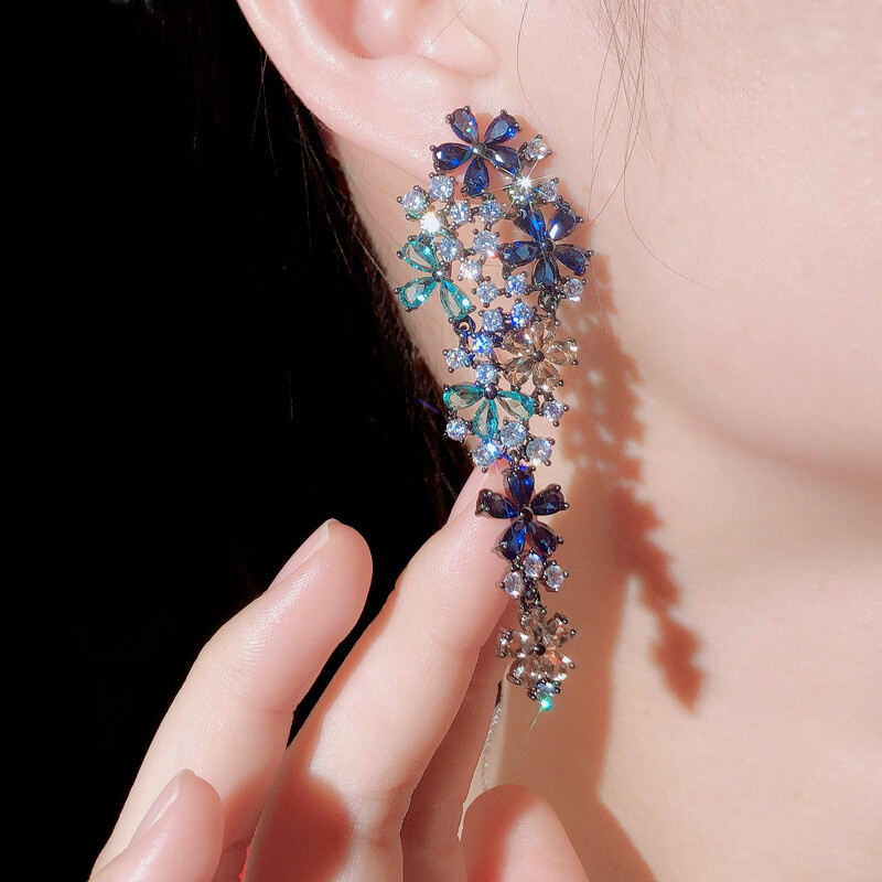 Sparkling Black Gold Plated Cubic Zirconia Long Drop Flower Earrings for Wedding