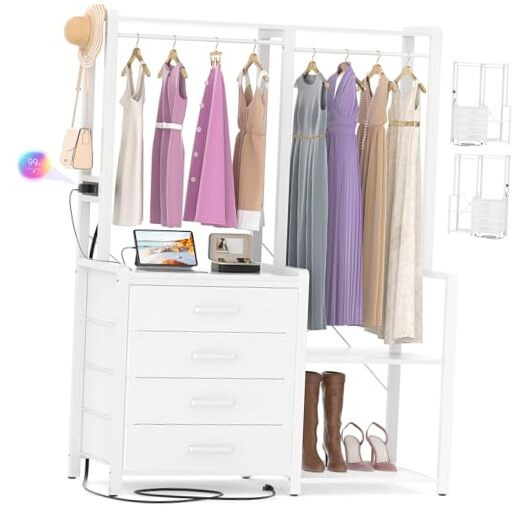 Small Clothes Rack with 4 Drawers, Reversible Garment Rack with Storage