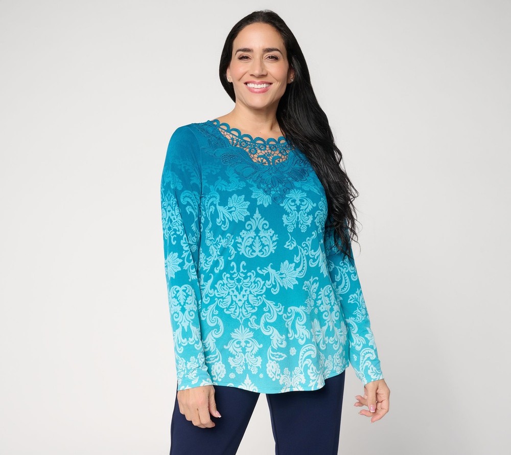 Susan Graver Women's Top Sz S Printed Liquid Knit Lace Applique Blue A680500