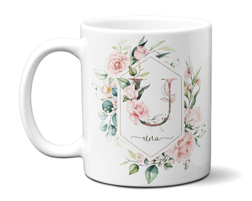Custom Name Letter Rose Flower Coffee Tea Cup Birthday Gift Idea  