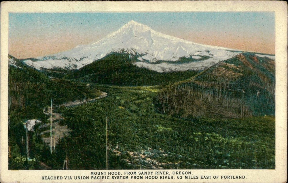Vintage 1940s Linen Postcard Mount Hood from Sandy River Oregon Union Pacific