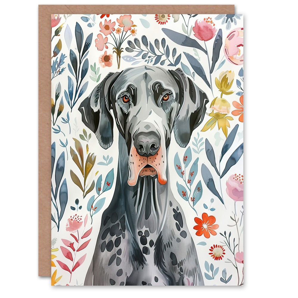 Greeting Card Elegant Great Dane Dog Lover Floral Pet Portrait Birthday