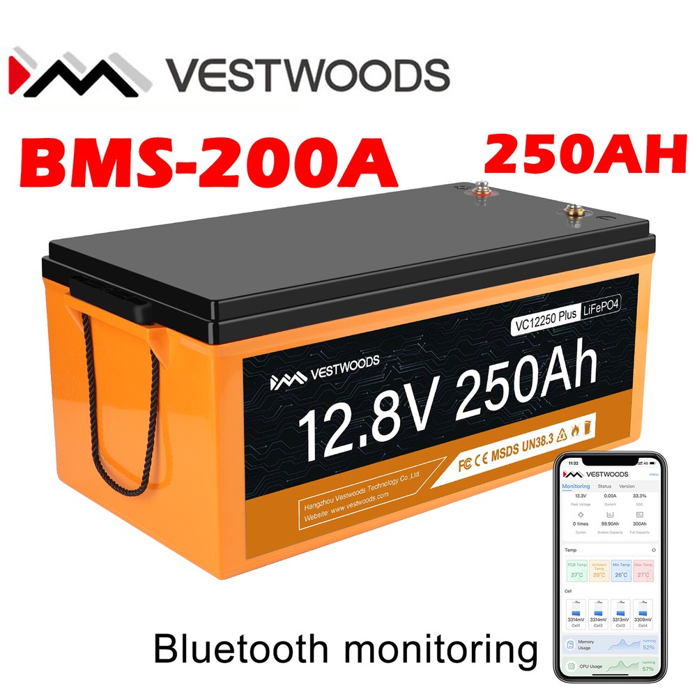 200A BMS Lithium Battery 12V 250Ah LiFePO4 3200Wh Bluetooth App for Solar Camper