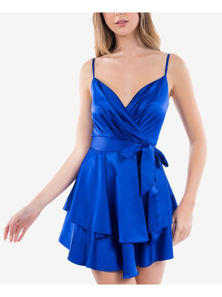 B DARLIN Womens Blue Tie Sash Spaghetti Strap Mini Dress 9\10