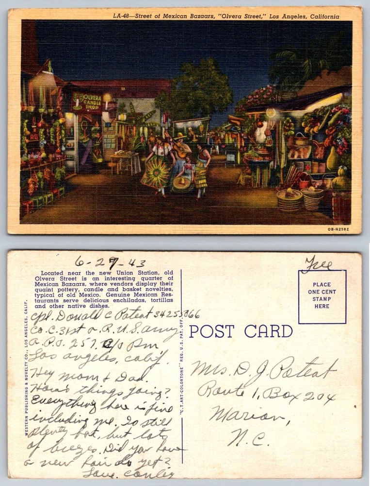 Olvera Street Los Angeles CA Mexican Bazaars Linen Postcard 1943 Posted