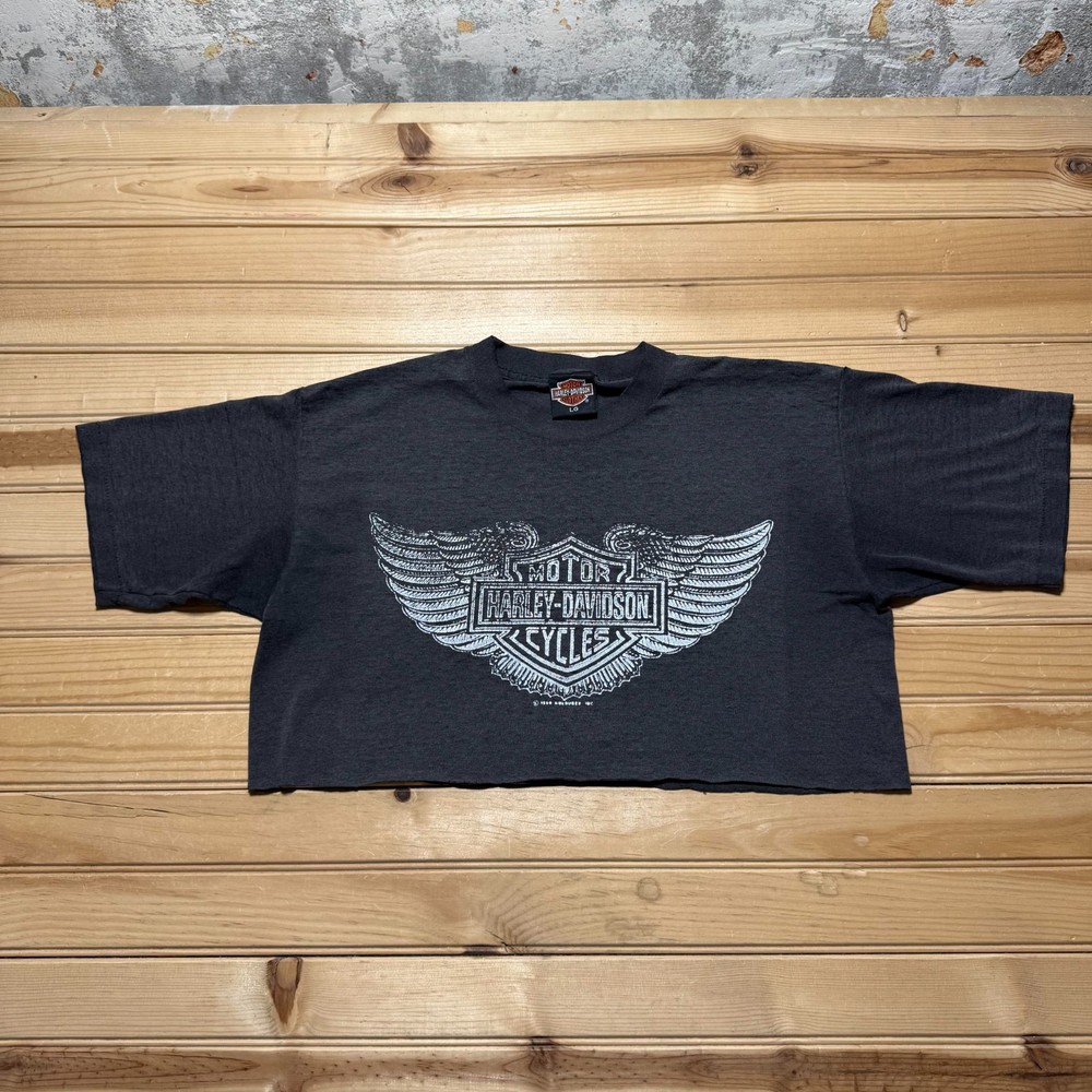 Vintage 80s Harley-Davidson Wings Single Stitch Cropped Cut Off T-Shirt - Large