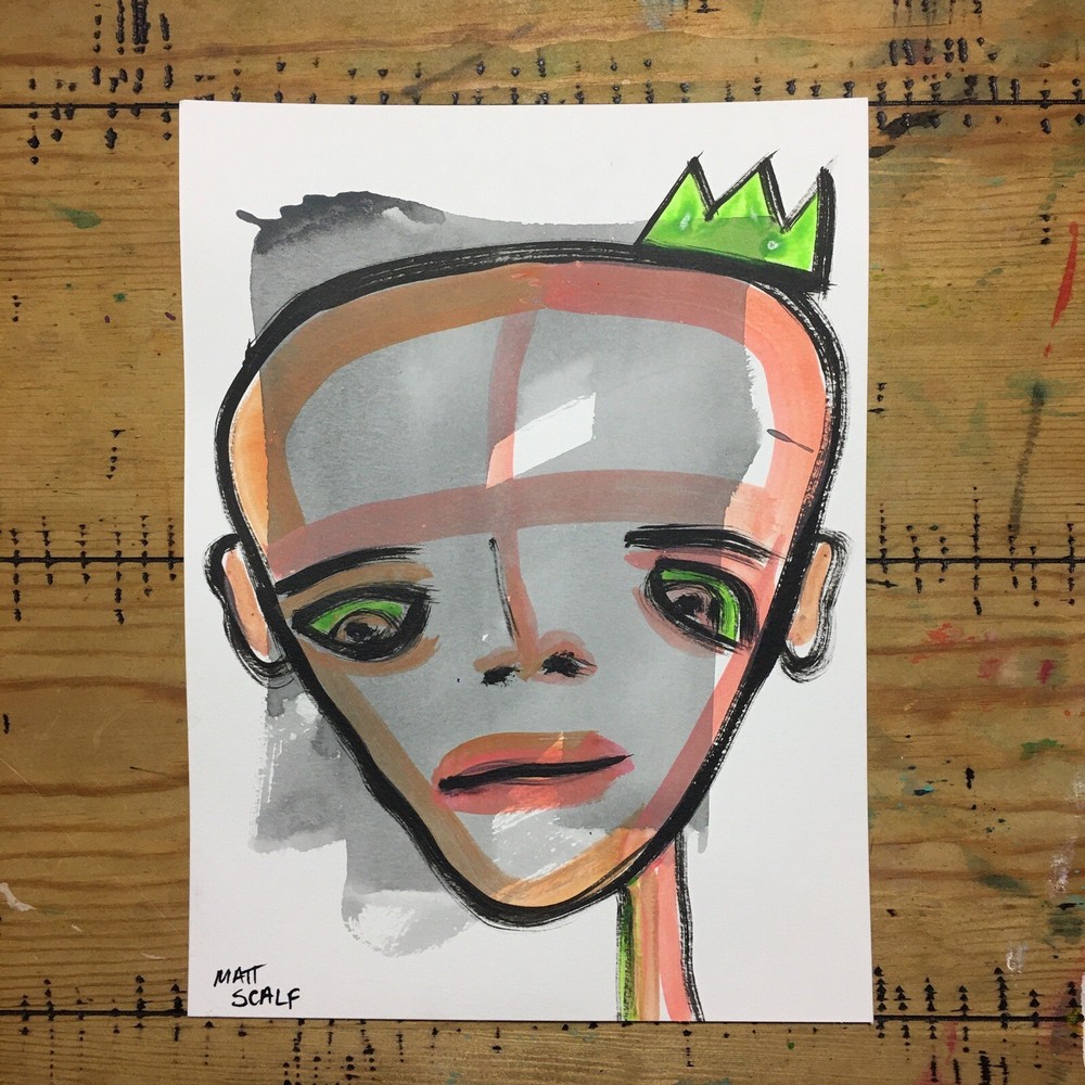 Matt Scalf 9x12 ORIGINAL PAINTING Face Abstract Graffiti Character Crown Alien-image