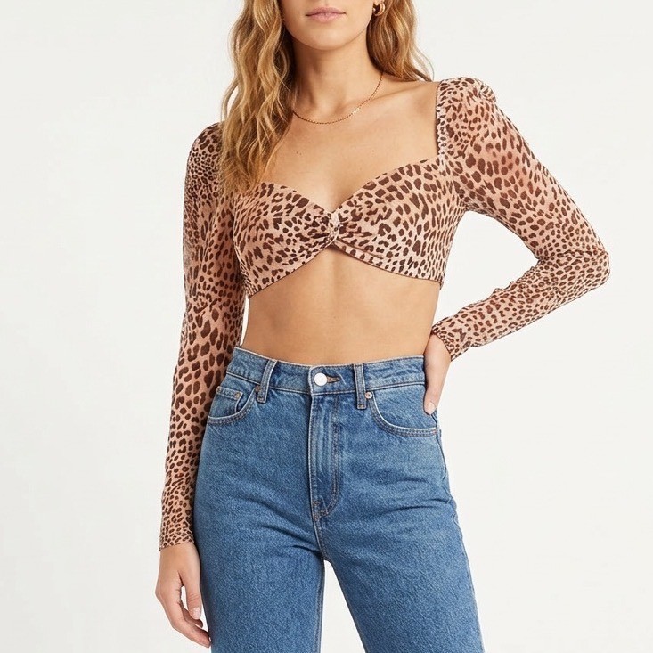 Naked Wardrobe The Statement Leopard Print Crop Top Long Sleeve Size M
