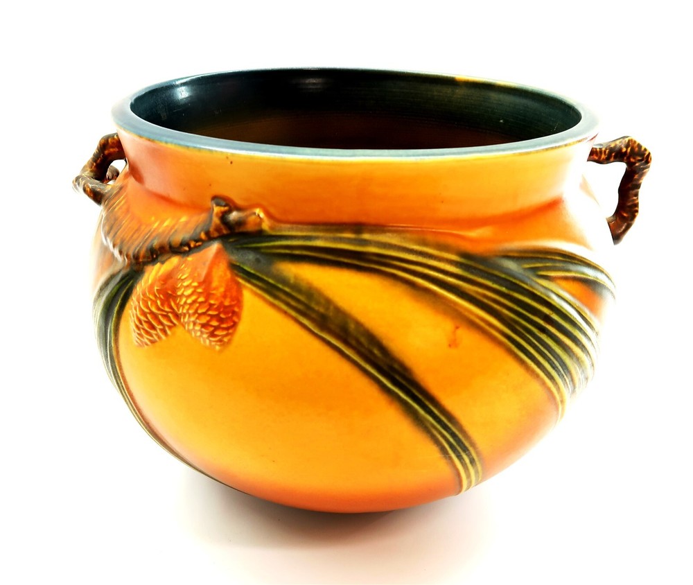 Vintage ROSEVILLE 632-8 PINECONE Brown Jardiniere Bowl 1940's Art Pottery 1 CHIP
