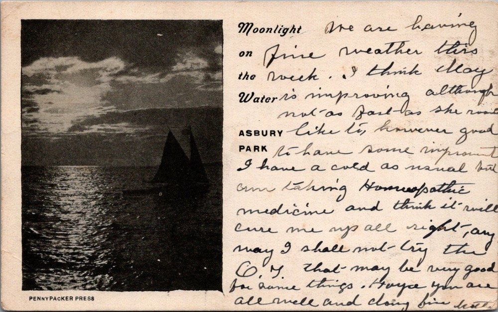 Asbury Park NJ Moonlight Sailboat RPPC Postcard 1908 Pennypacker Press