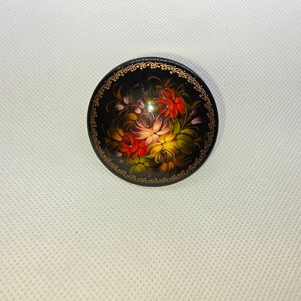 Russian Handpainted Floral Black and Gold Brooch