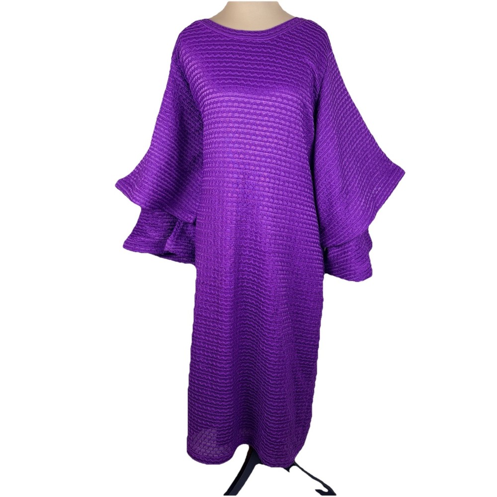 Ashro Womens Dress Textured Knit Bell Sleeve Stretch Midi Purple Size 2X