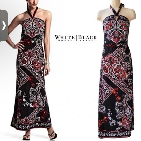 White House Black Market Paisley Black Red White Halter Top Maxi Dress Sz Small