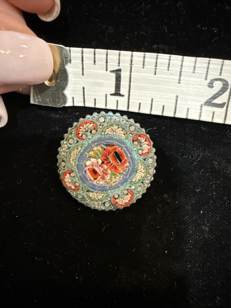 Antique Victorian Italian Micro Mosaic Floral Brooch Turquoise Ground