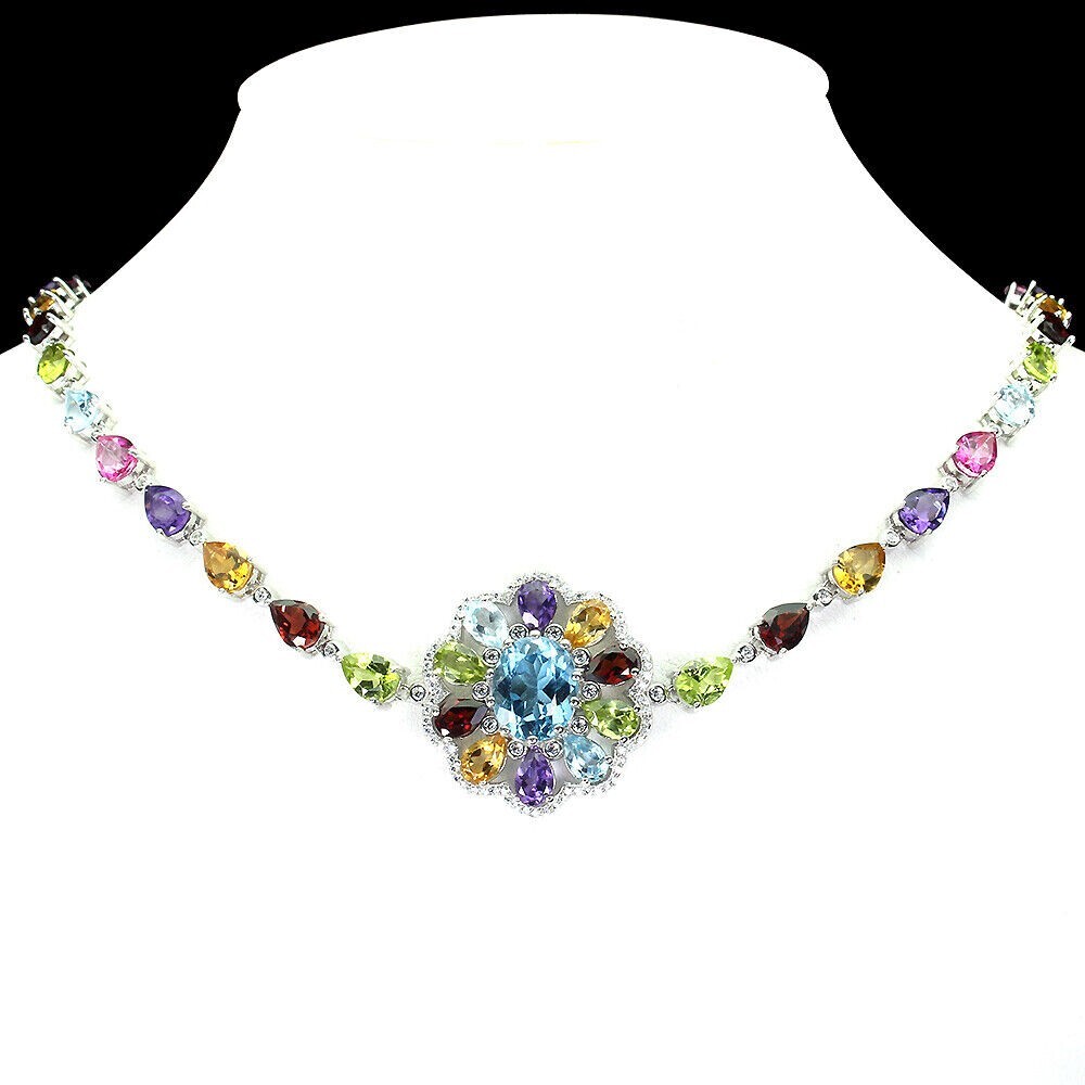 Sterling Silver Necklace with Genuine Amethyst Topaz Citrine Gems 17.5-18.5 In