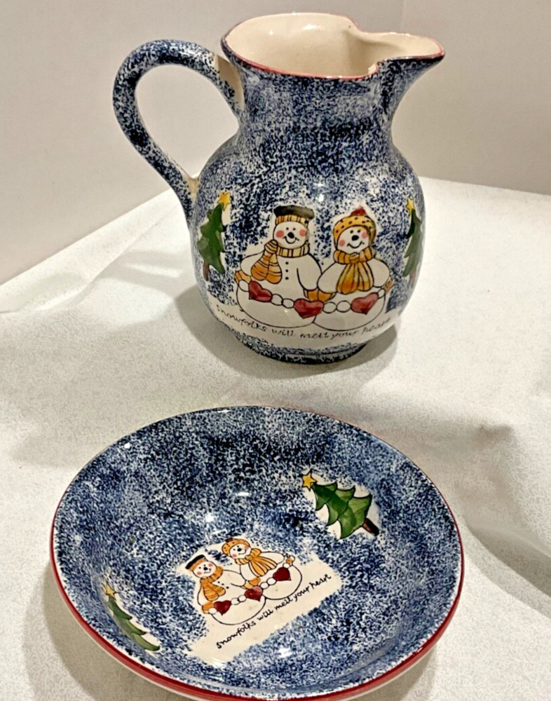 Pitcher Bowl Set 2 Snowfolks Will Melt Your Heart Ceramic Winter Christmas Blue