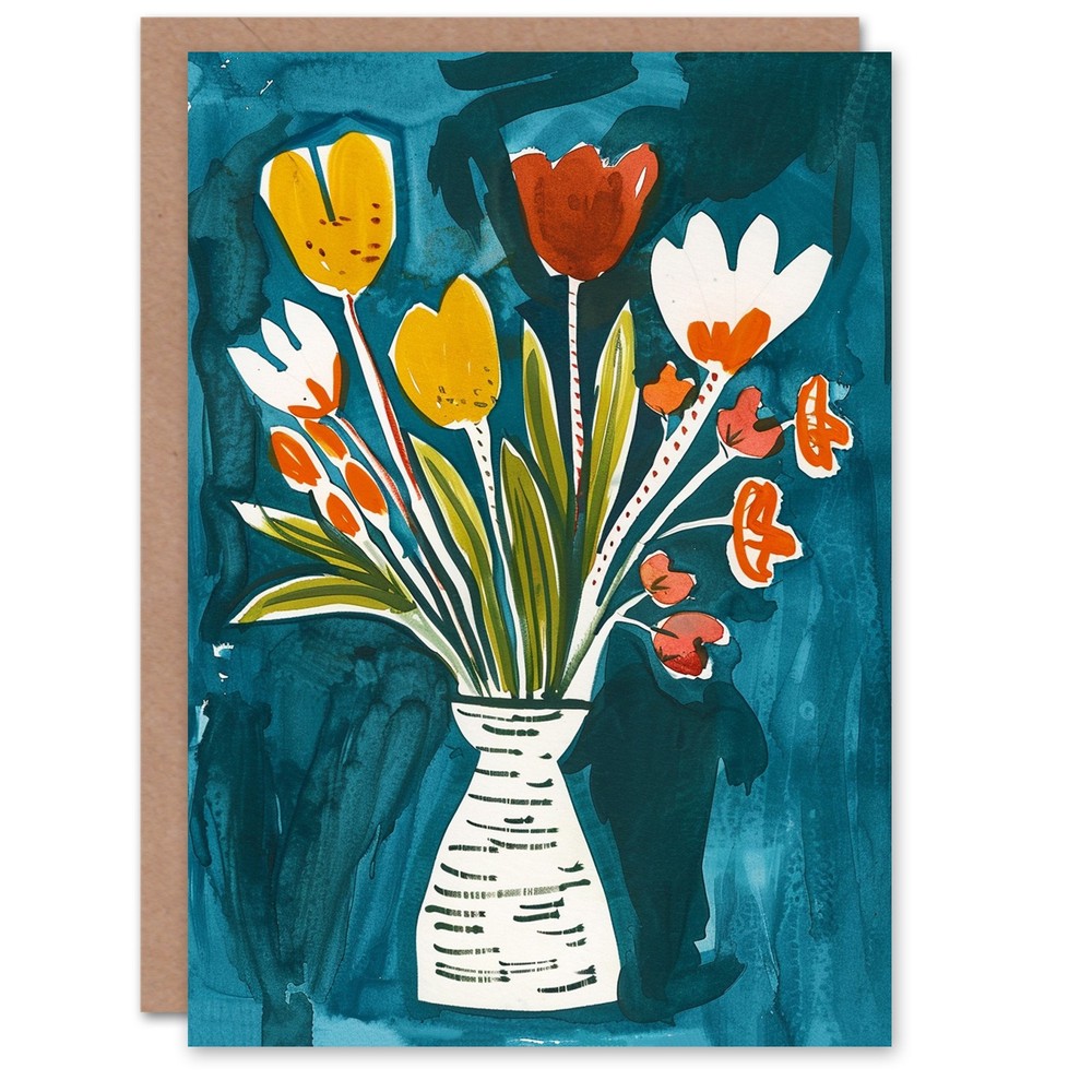 Abstract Tulip Flower Bouquet in Vase Watercolour Mother's Day Card