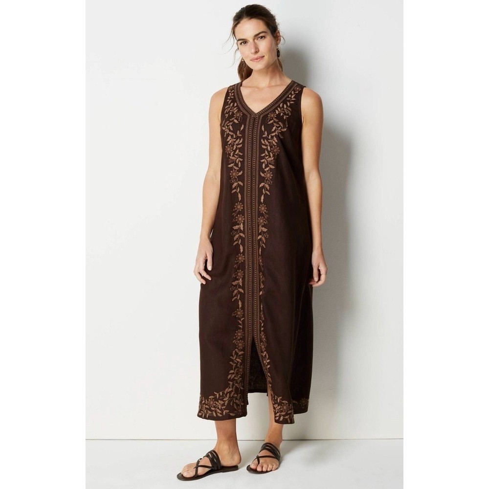 Pure Jill Embroidered Linen Maxi Dress Womens S Chocolate Brown Floral Resort