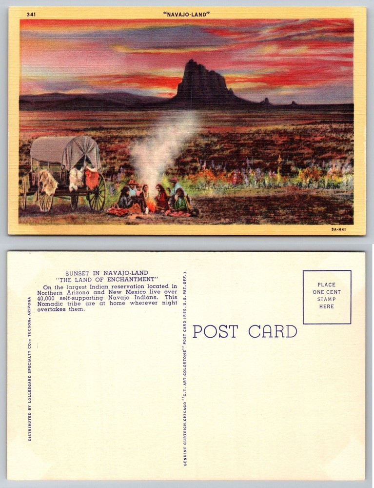 Vintage Navajo Land Sunset Postcard - Covered Wagon, Campfire, Butte, CT