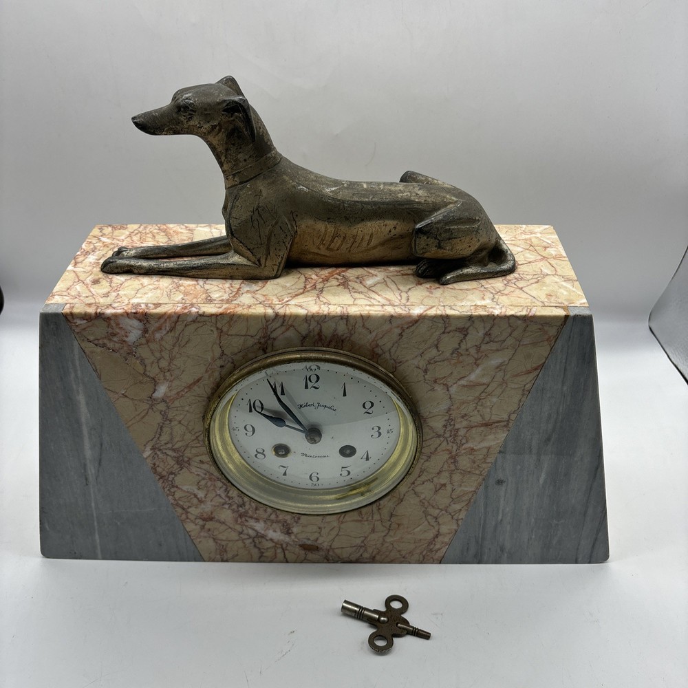 Antique Art Deco French Marble Clock with Borzois Hound Dog 1930s Montereau Key