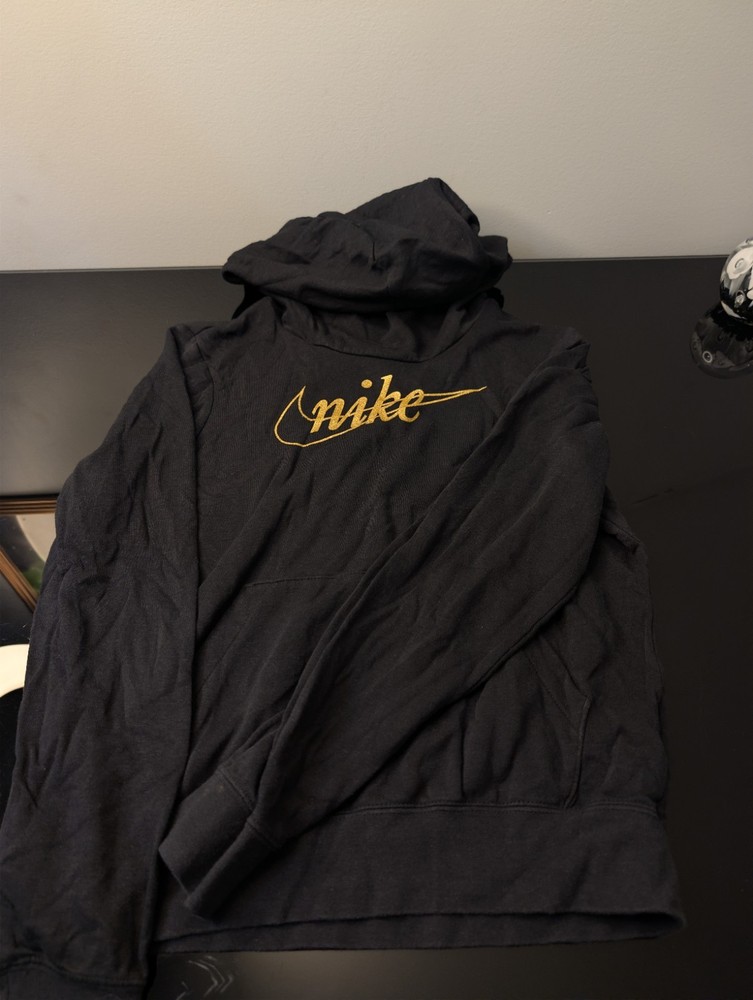 Nike Hoodie Womens XS Black Gold Script Logo Pullover Sweatshirt Fleece