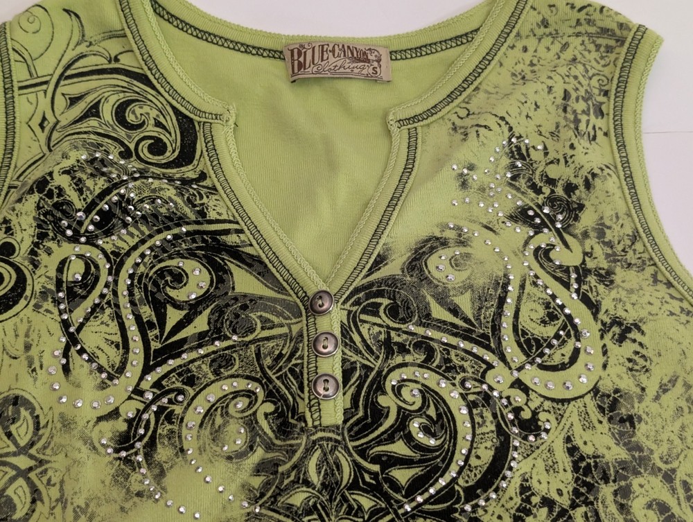 Grunge Hippie Embellished Green Black Rhinestone Button V-Neck Tank Top S