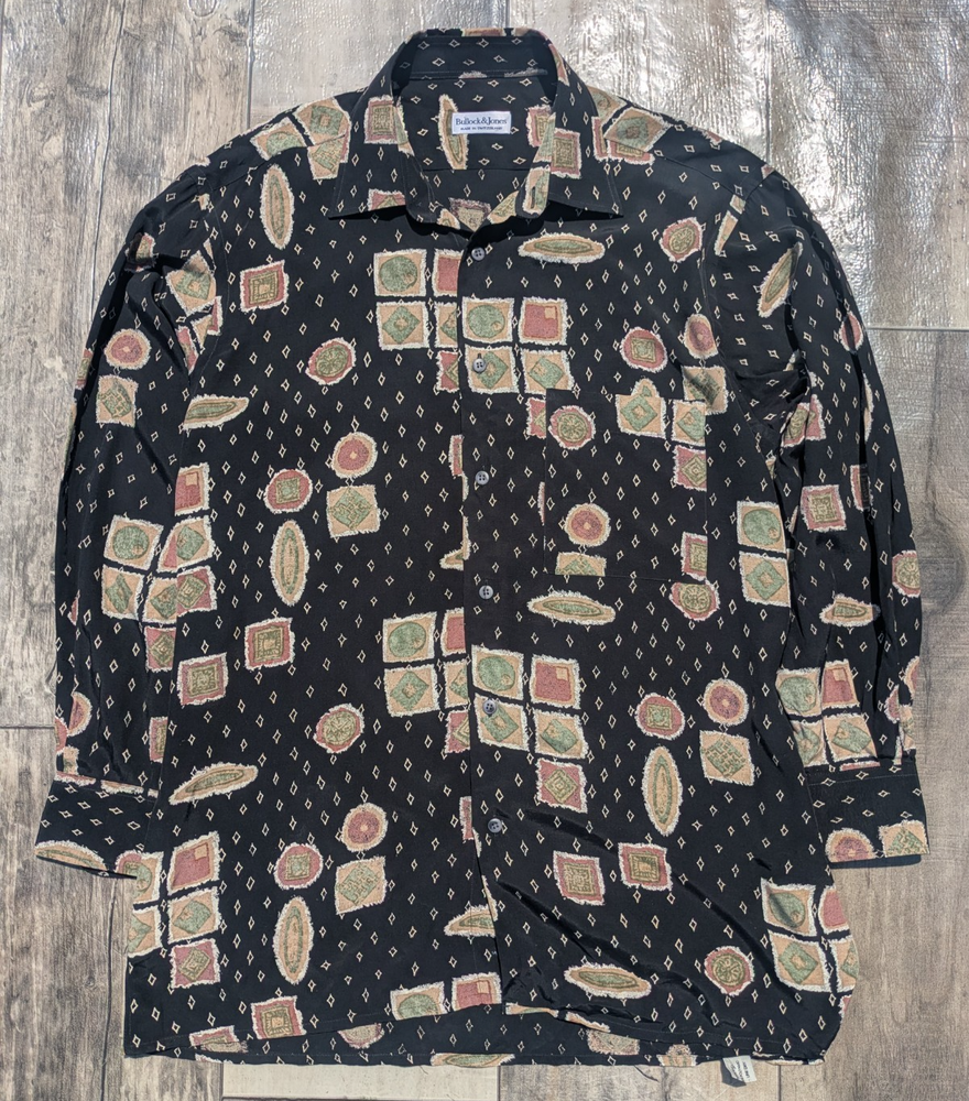 Vintage 90s Bullock Jones Switzerland Rayon Poly Abstract Graphic Button Shirt M-image