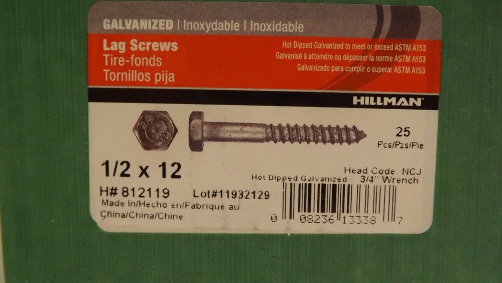 Hillman 812119 Hot Dipped Galavanized Hex Lag Screws, 1/2 x 12-Inch, 25ct Pack