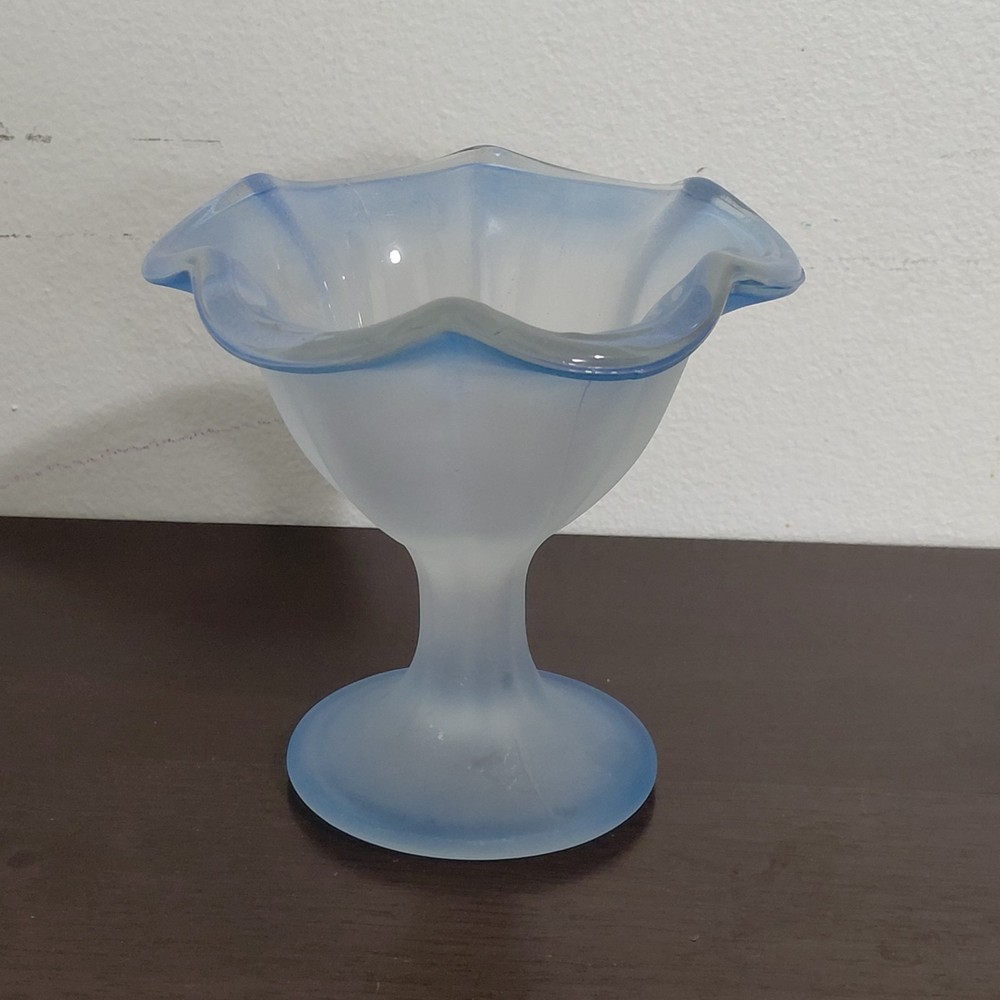 Vintage Blue Opalescent Frosted Glass Scallop Candy Dish