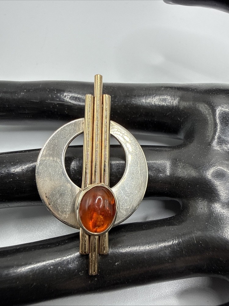 VTG Modernist Artisan Signed GF Sterling Silver Mix Metal Amber Pin. 6.2 Grams