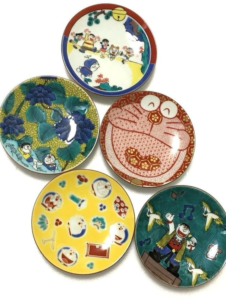 Doraemon Kutani-Yaki 5 Set Porcelain Ware Pottery Flat Small Plate NEW