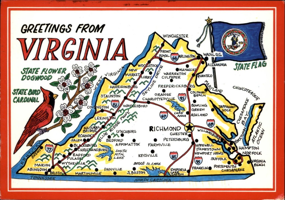 Newport News Virginia Greetings Map State Flag Bird Cardinal Dogwood postcard